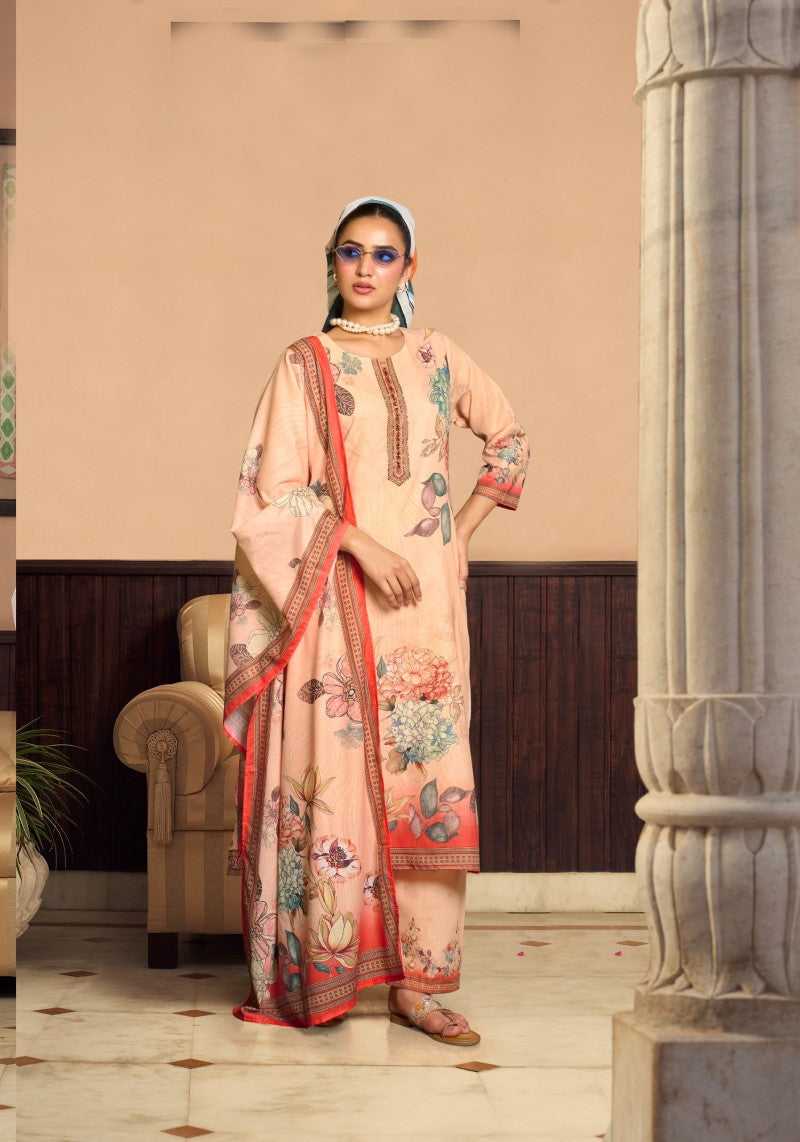 Peach Gardenia Floral Kurta Pant & Dupatta Set