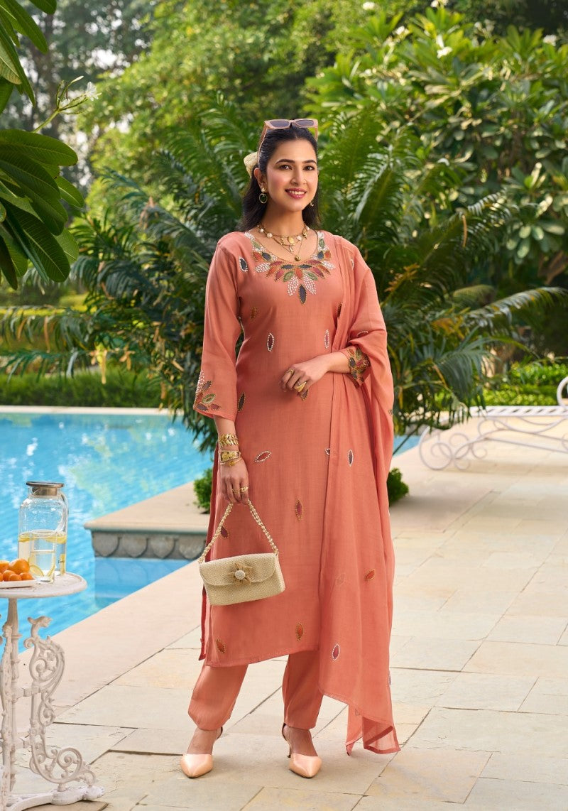 Peach Grace Embroidered Kurta Pant Dupatta Set