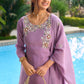 Lavender Floral Embroidered Straight Kurta Pant & Dupatta Set