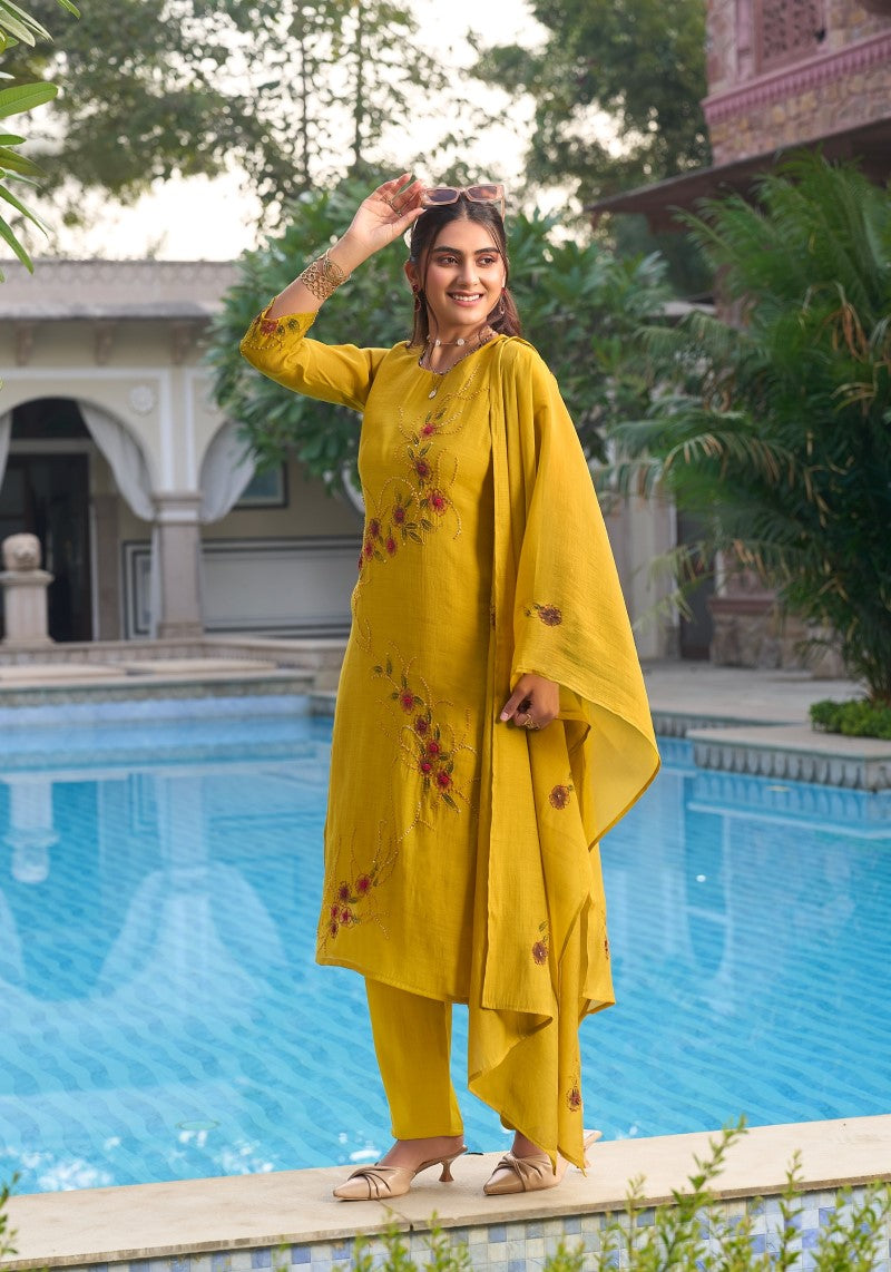 Sunlit Charm Mustard Floral Embroidered Kurta Pant & Dupatta Set