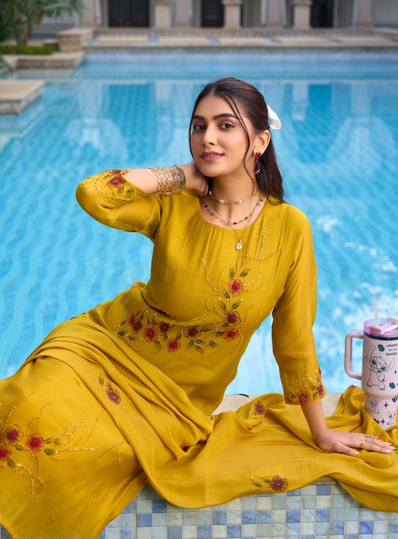 Sunlit Charm Mustard Floral Embroidered Kurta Pant & Dupatta Set
