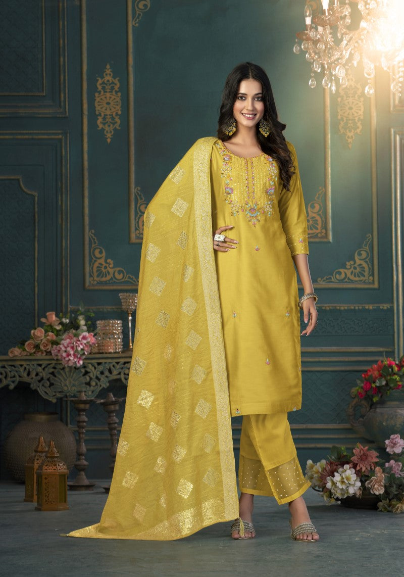 Yellow Silk Blend Kurti Pant With Dola Silk Jacquard  Dupatta