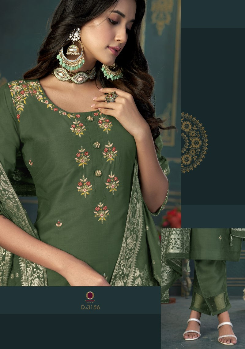 Olive Green Silk Blend Kurti Pant With Dola Silk Jacquard  Dupatta