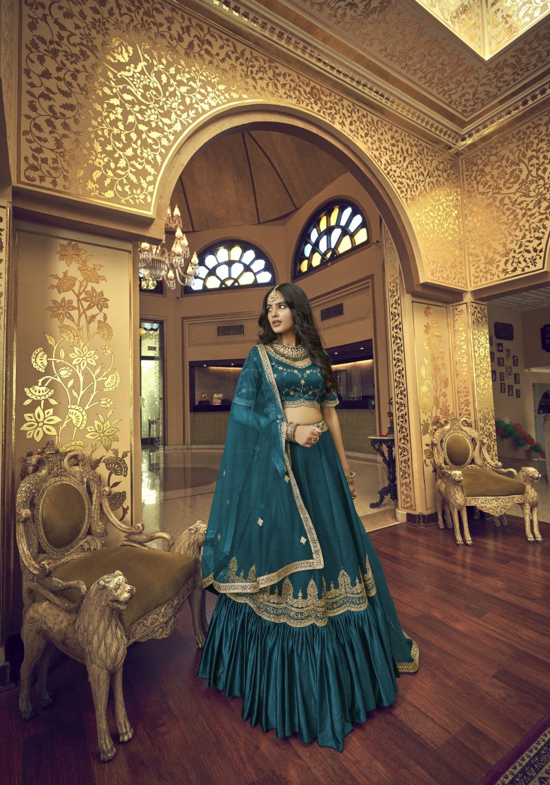 Rama Blue Lino Silk Satin Embroidered Lehenga Choli