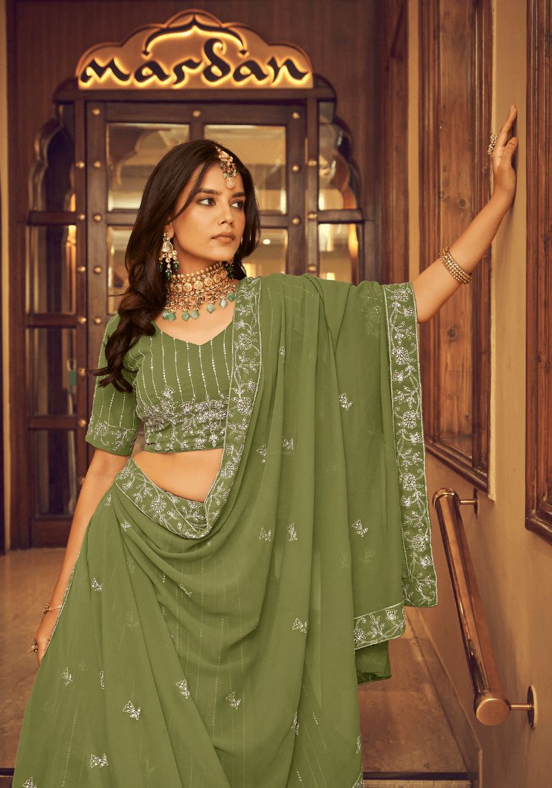 Olive Green Mirror Embellished Lehenga Set With Dupatta - Neha Khullar-  Fabilicious Fashion