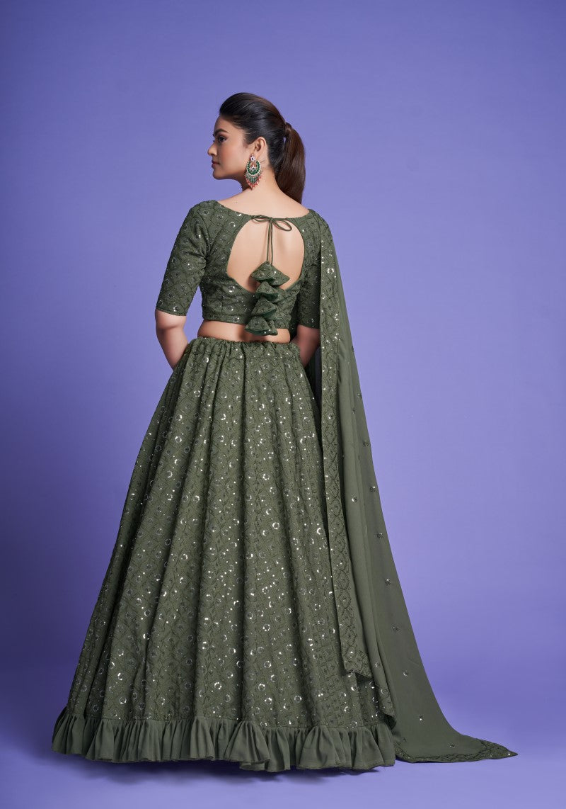 Olive Green Diamond Georgette Sequins Embroidered Lehenga Choli