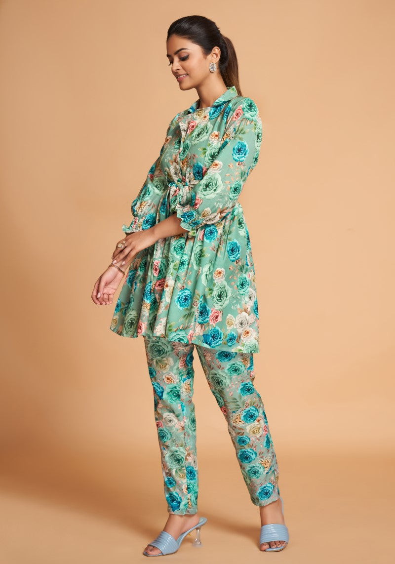 Sea Green Floral Printed Rayon Top And Bottom Co-Ord Set