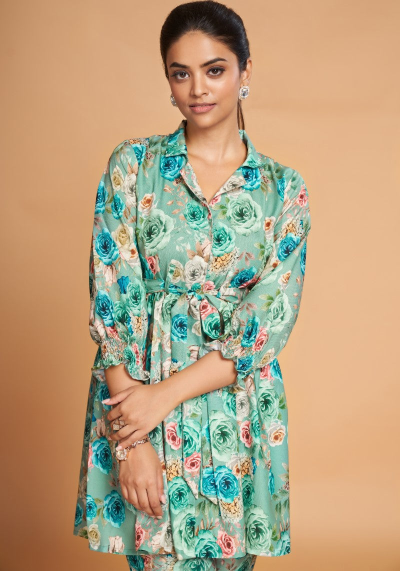 Sea Green Floral Printed Rayon Top And Bottom Co-Ord Set
