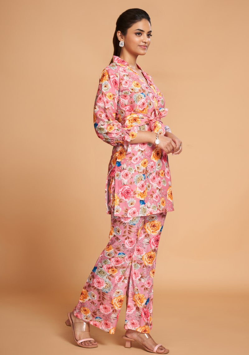 Pink Floral Printed Rayon Top And Bottom Co-Ord Set