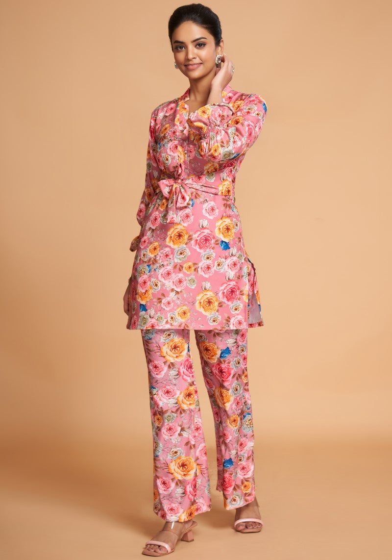 Pink Floral Printed Rayon Top And Bottom Co-Ord Set