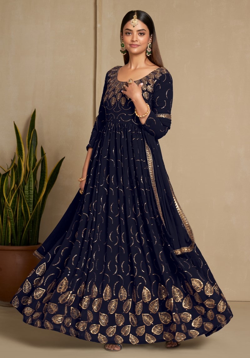 Party Wear Navy Blue Sequins Embroidered Anarkali Dress With Dupatta