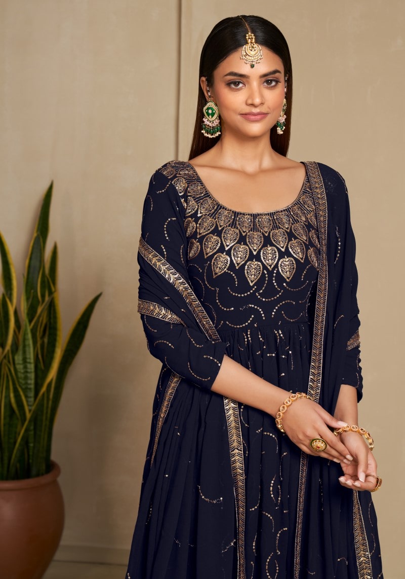Party Wear Navy Blue Sequins Embroidered Anarkali Dress With Dupatta