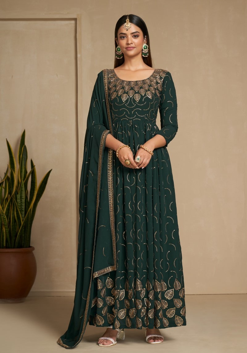 Party Wear Green Sequins Embroidered Anarkali Dress With Dupatta
