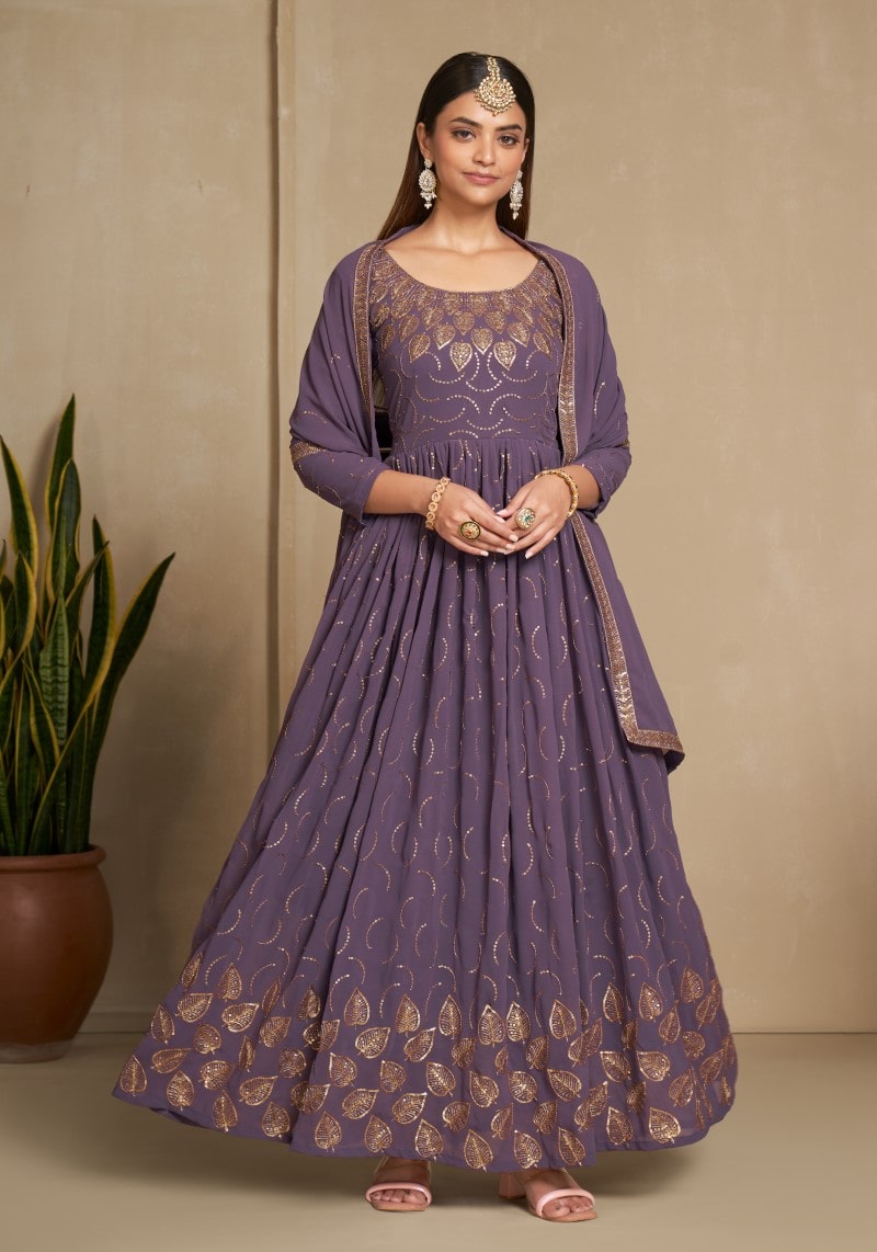 Party Wear Lavender Sequins Embroidered Anarkali Dress With Dupatta