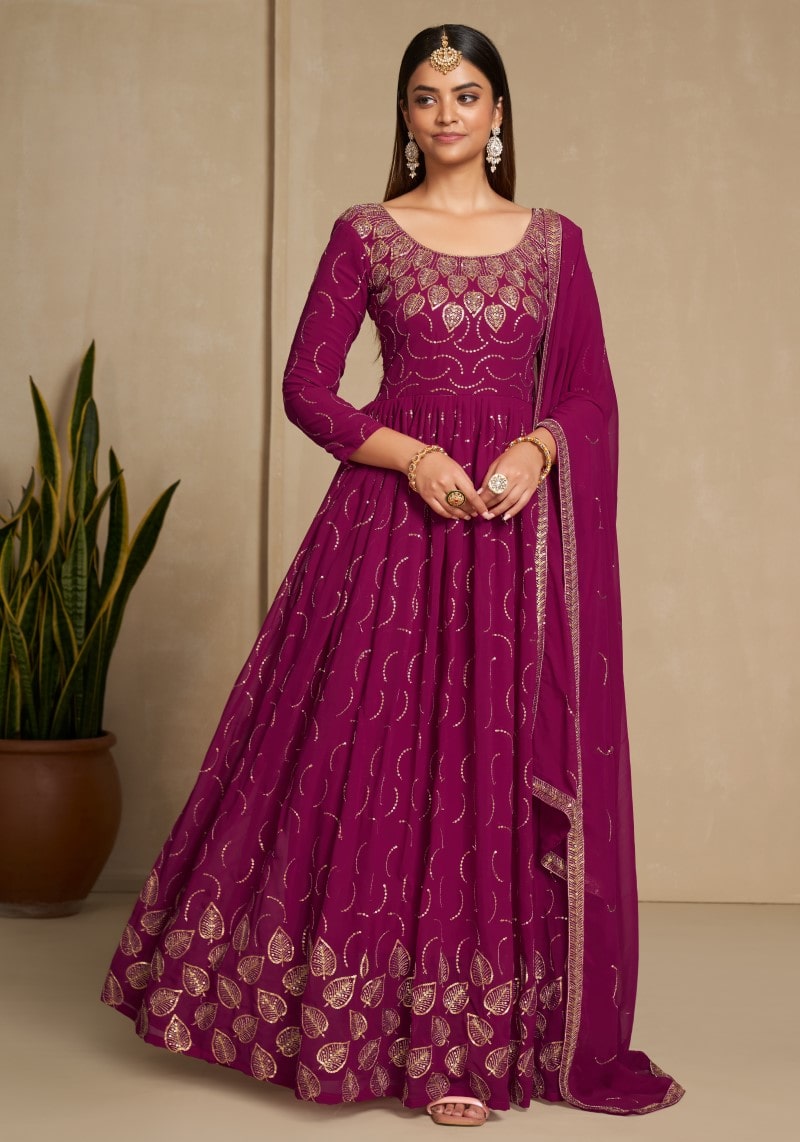 Party Wear Magenta Sequins Embroidered Anarkali Dress With Dupatta