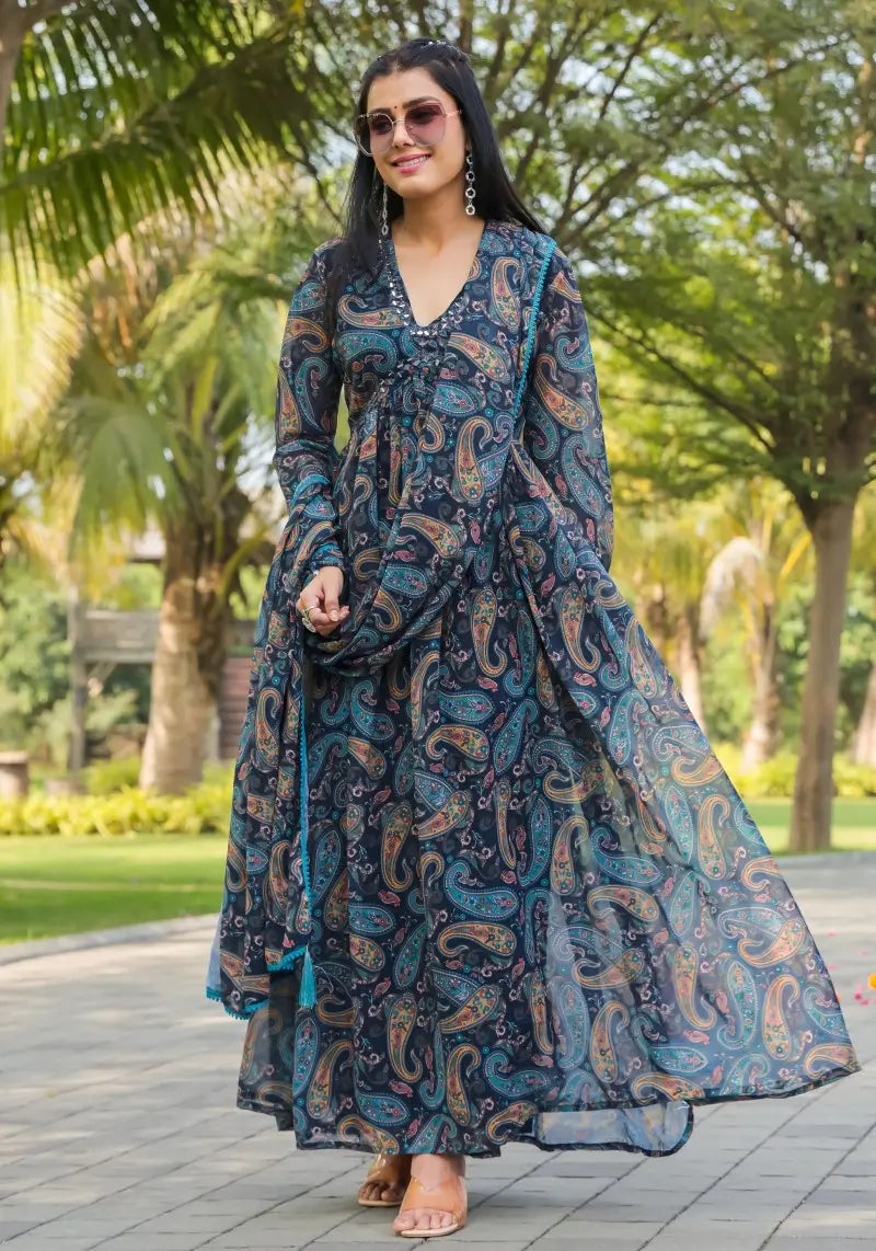 Blue Paisley Printed Gown with Dupatta