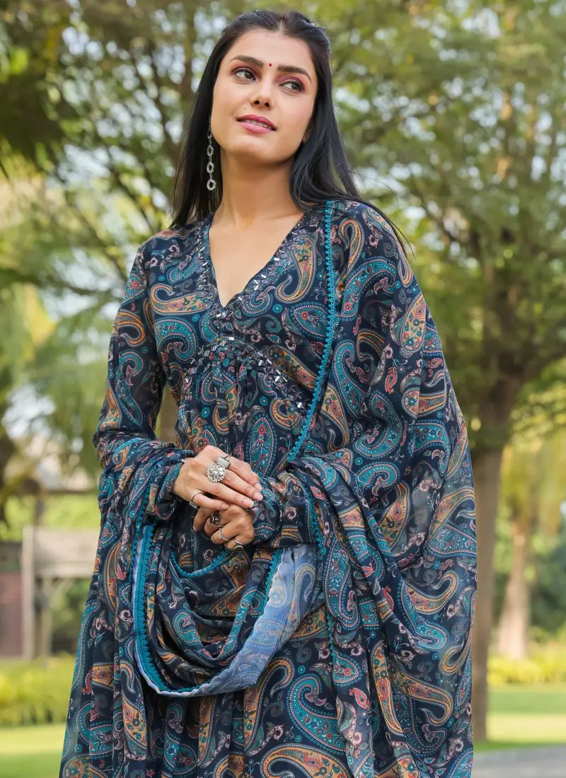 Blue Paisley Printed Gown with Dupatta
