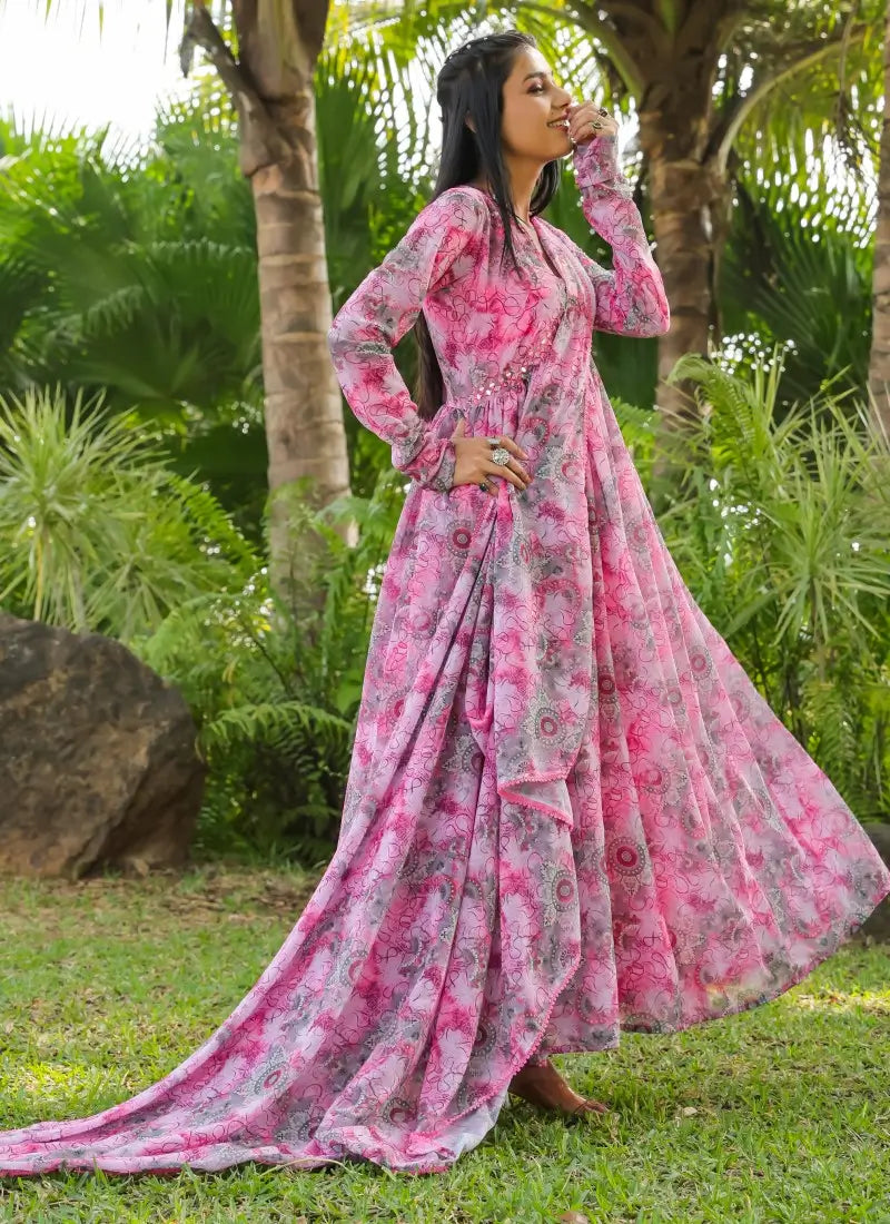 Pink Fancy Floral Printed Gown with Dupatta
