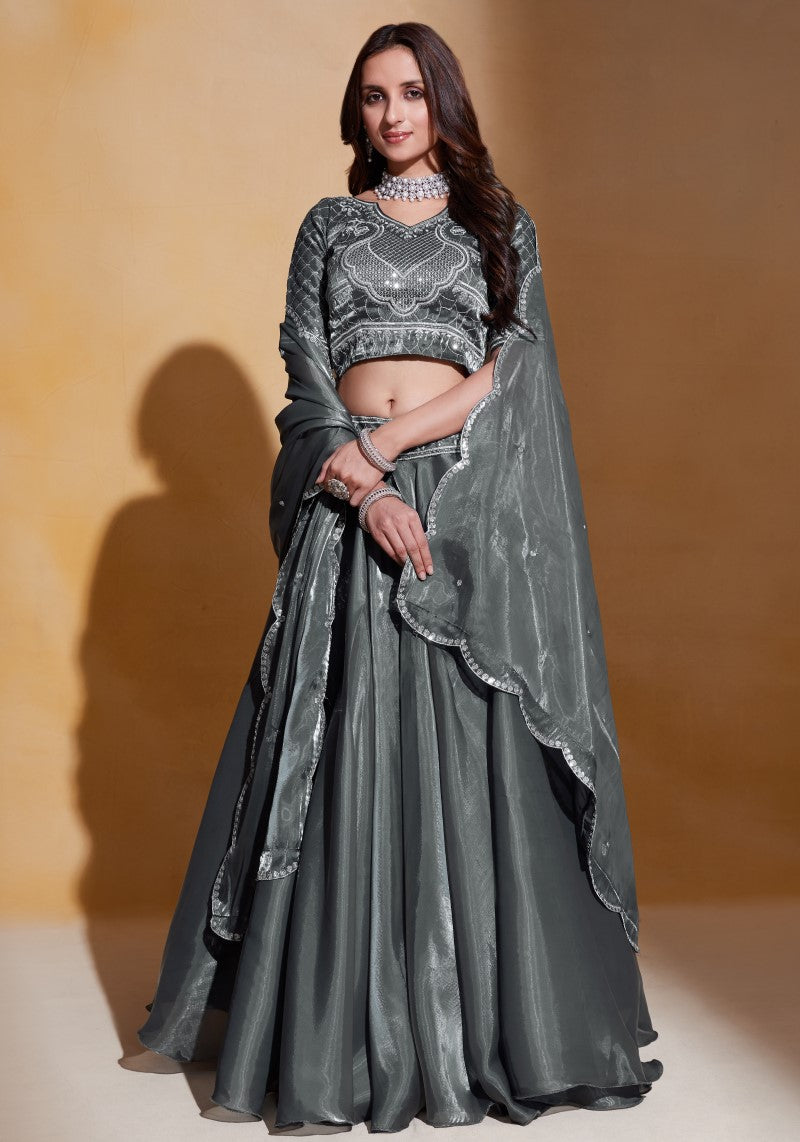 Elegant Grey Organza Silk Embroidered Lehenga Choli