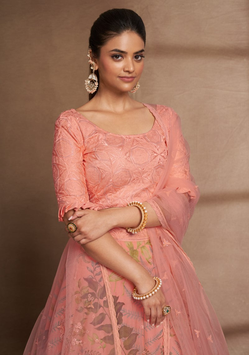 Embellished Peach Digital Printed Organza Lehenga Choli