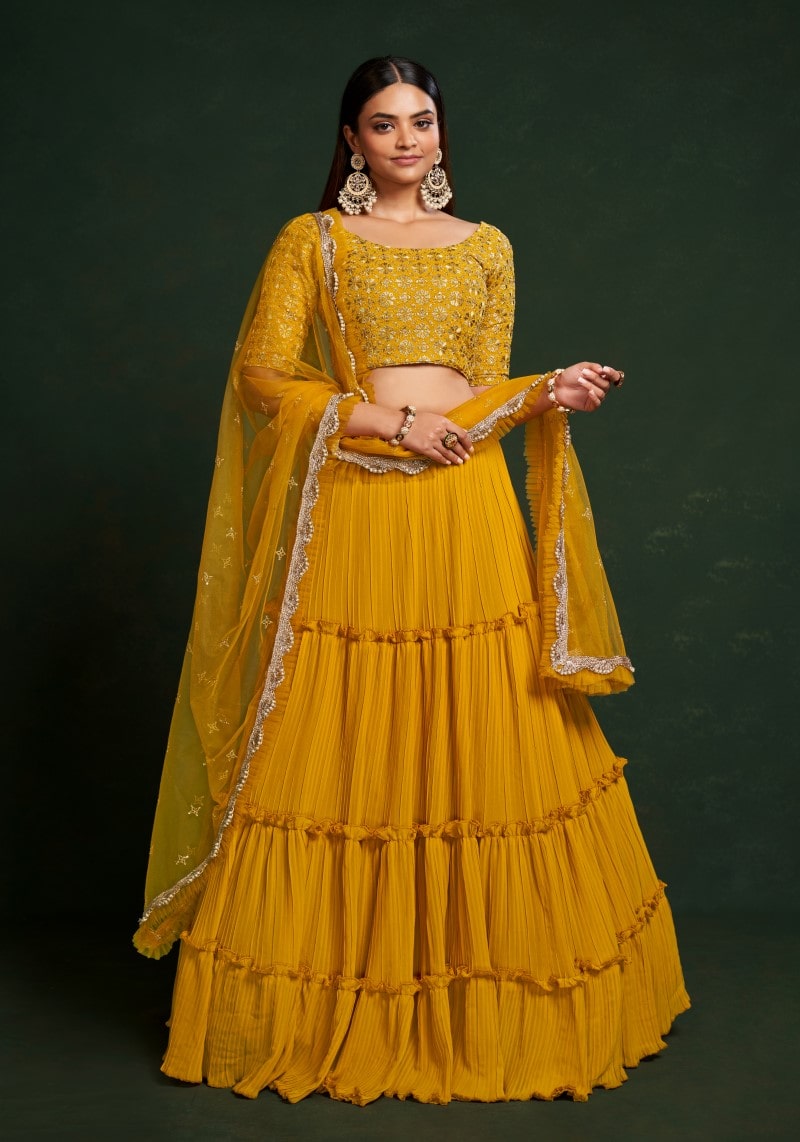 Party Wear Yellow Sequins Embroidered Semi-Stitched Lehenga Choli