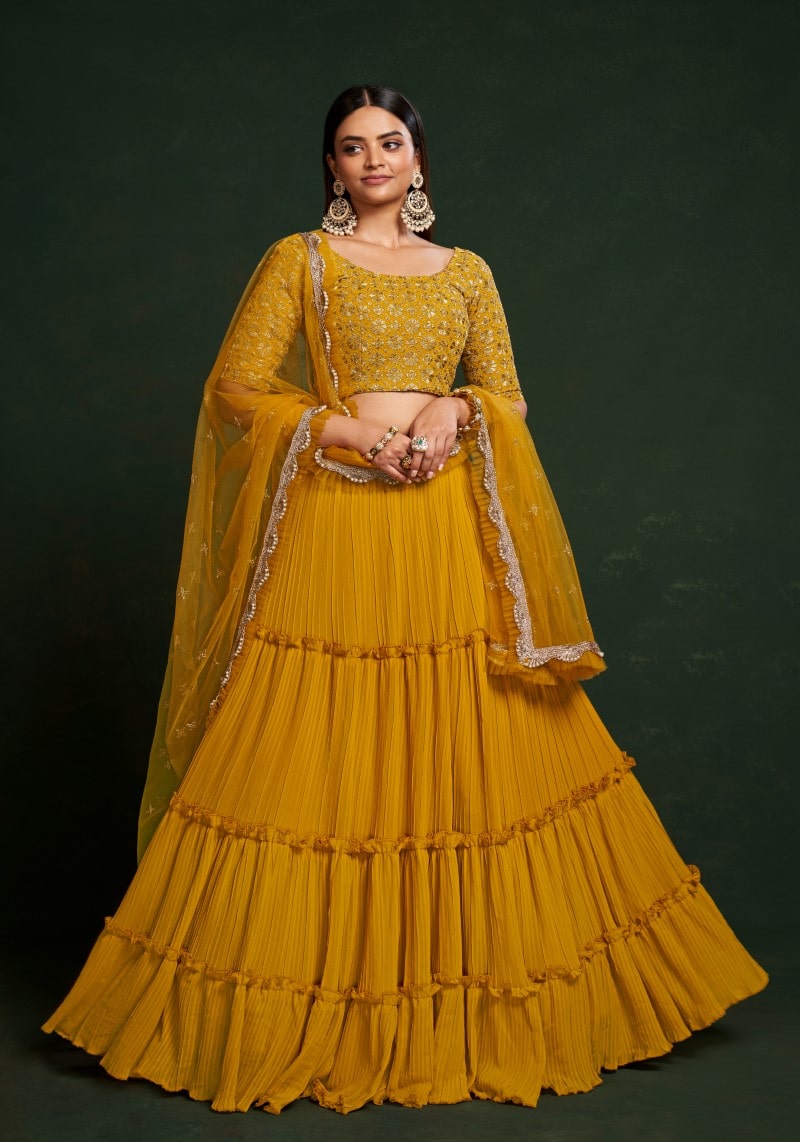 Party Wear Yellow Sequins Embroidered Semi-Stitched Lehenga Choli