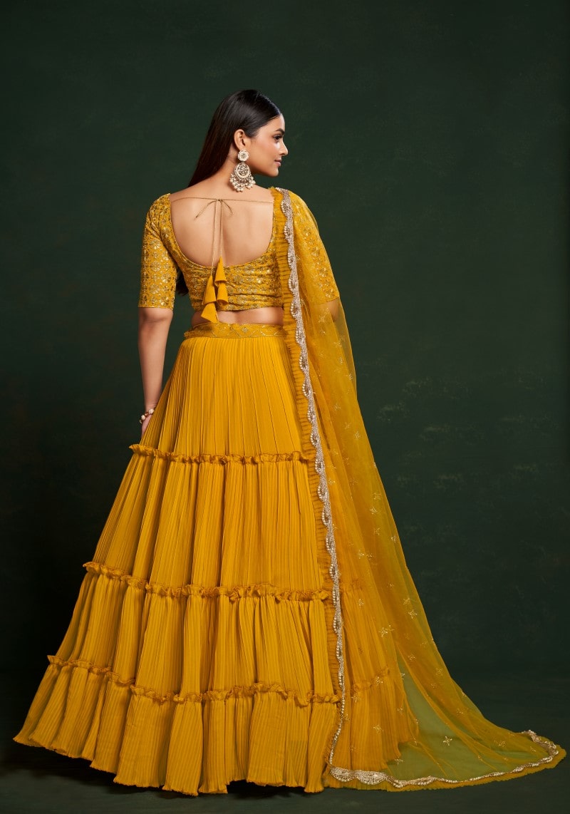 Party Wear Yellow Sequins Embroidered Semi-Stitched Lehenga Choli