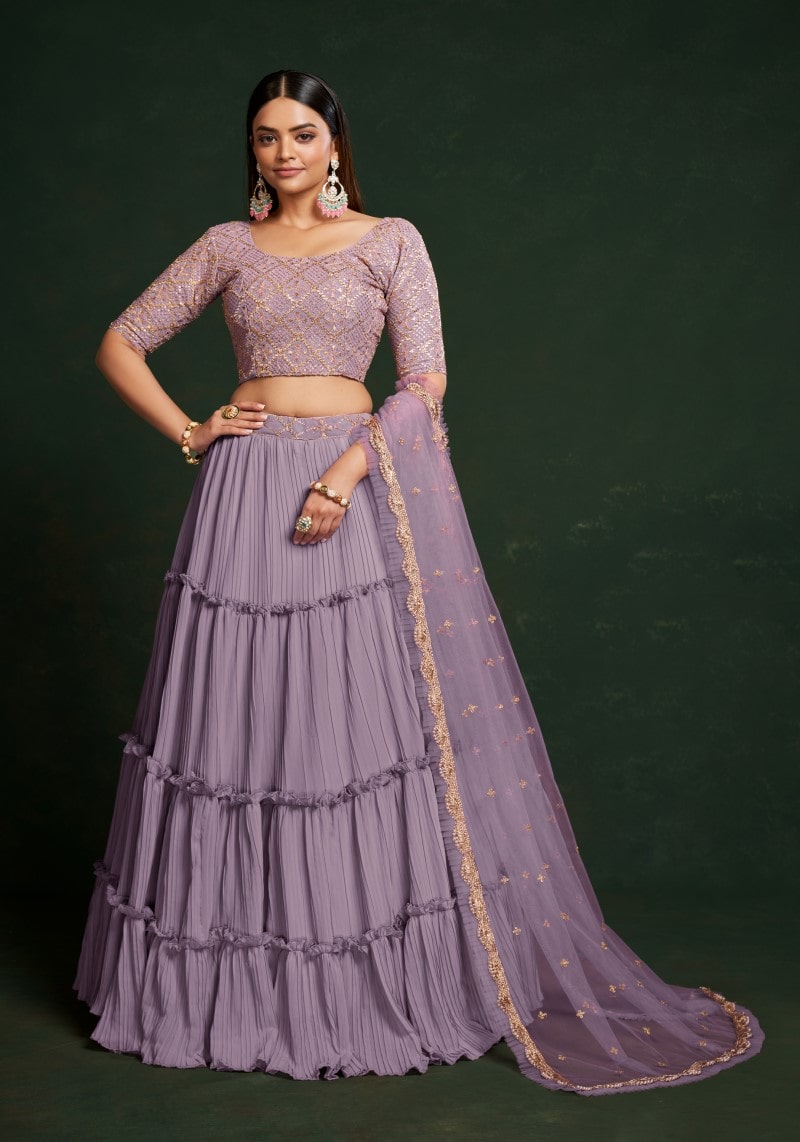 Party Wear Lavender Sequins Embroidered Semi-Stitched Lehenga Choli