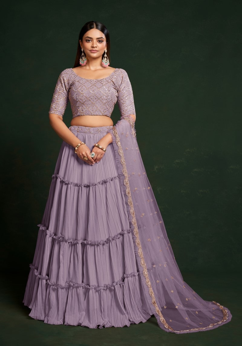 Party Wear Lavender Sequins Embroidered Semi-Stitched Lehenga Choli