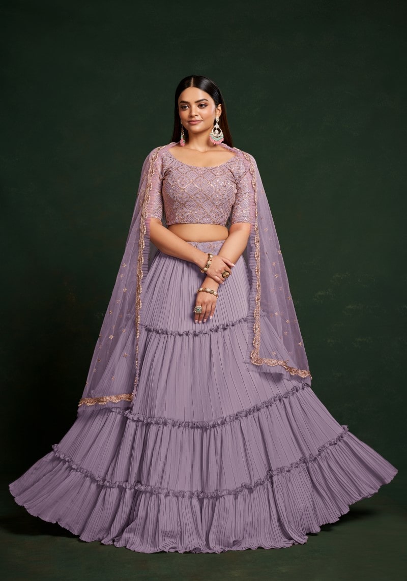 Party Wear Lavender Sequins Embroidered Semi-Stitched Lehenga Choli
