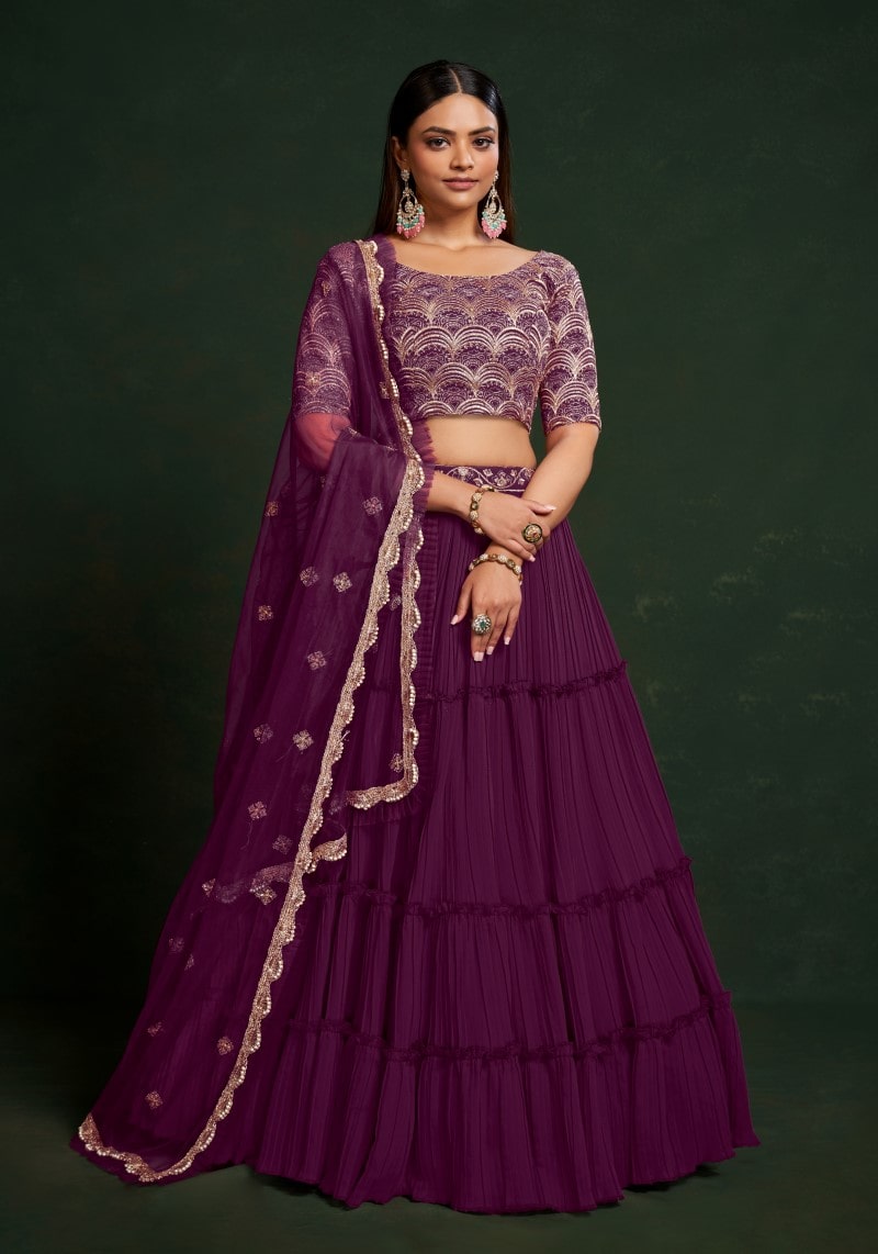 Party Wear Purple Sequins Embroidered Semi-Stitched Lehenga Choli