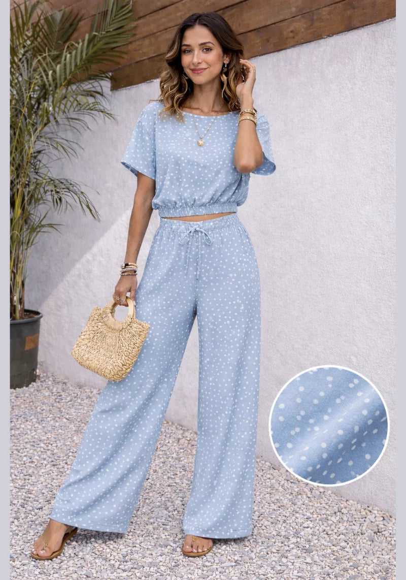 Sky Mist Polka Dot Crop Top & Wide Leg Co-ord Set