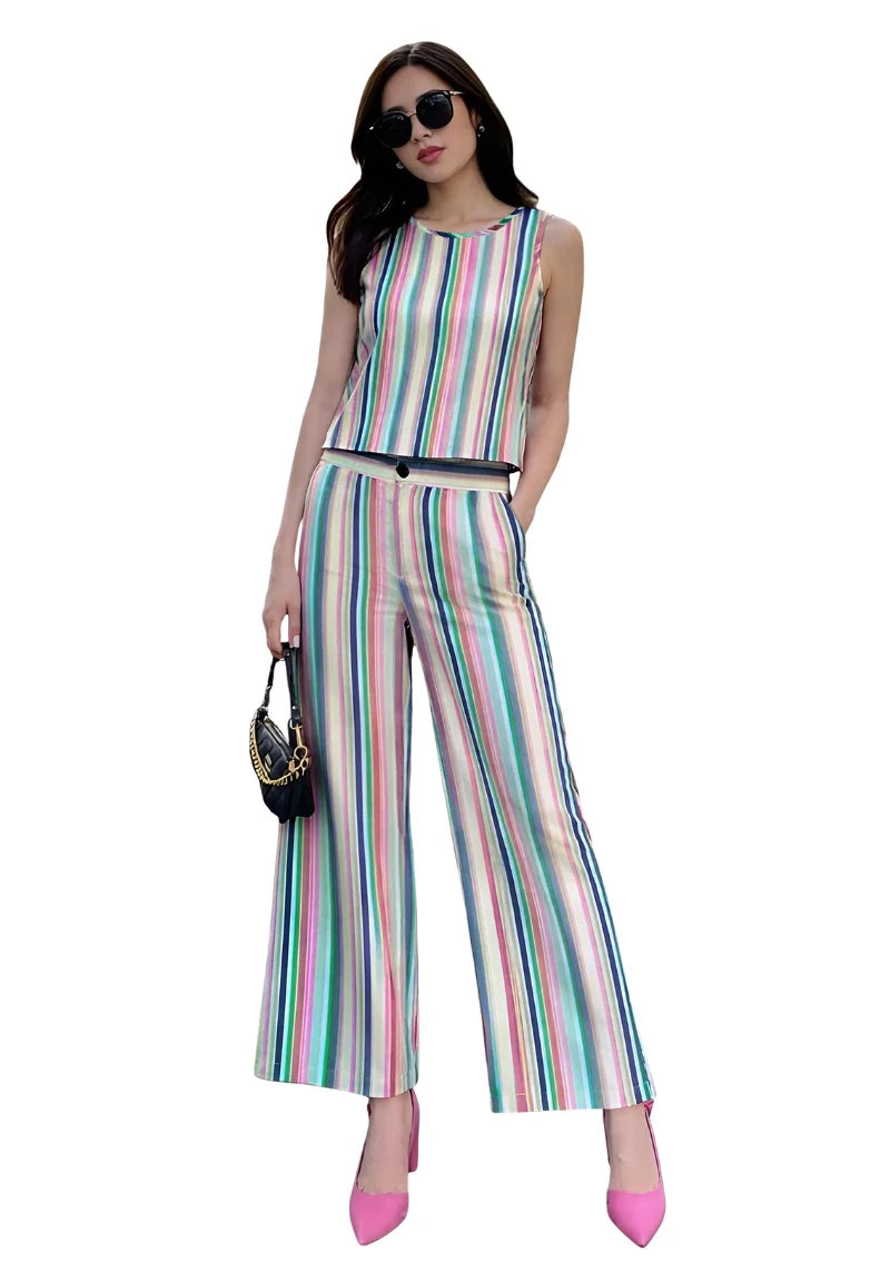 Pastel Stripe Rayon Poly Co-ord Set
