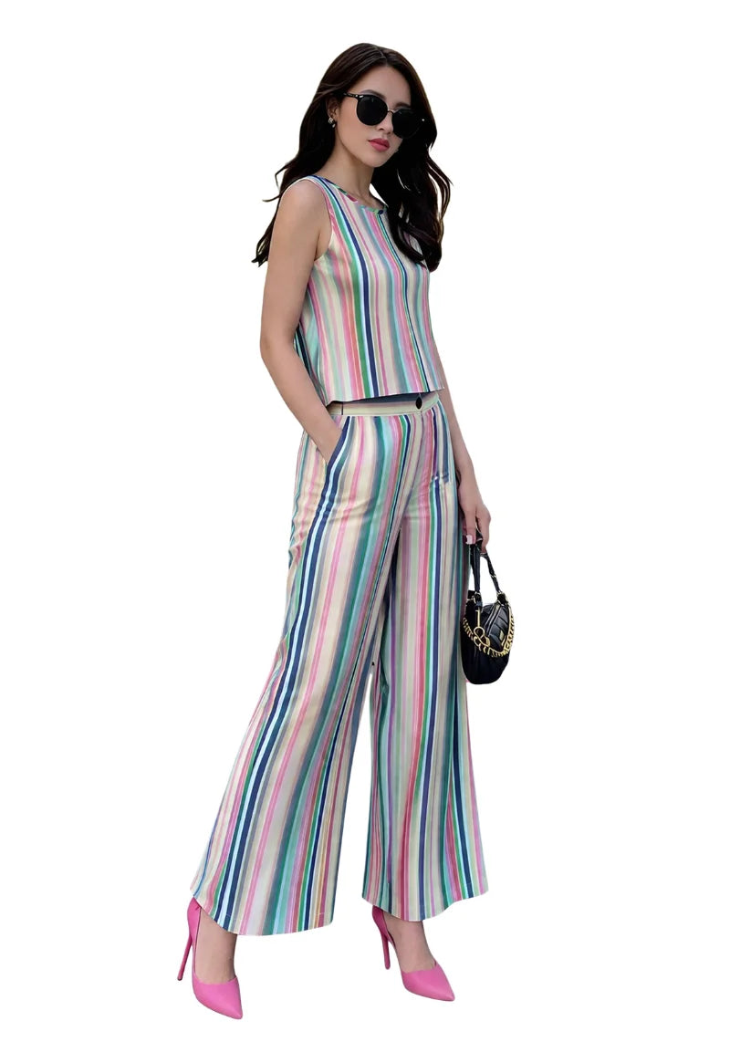 Pastel Stripe Rayon Poly Co-ord Set