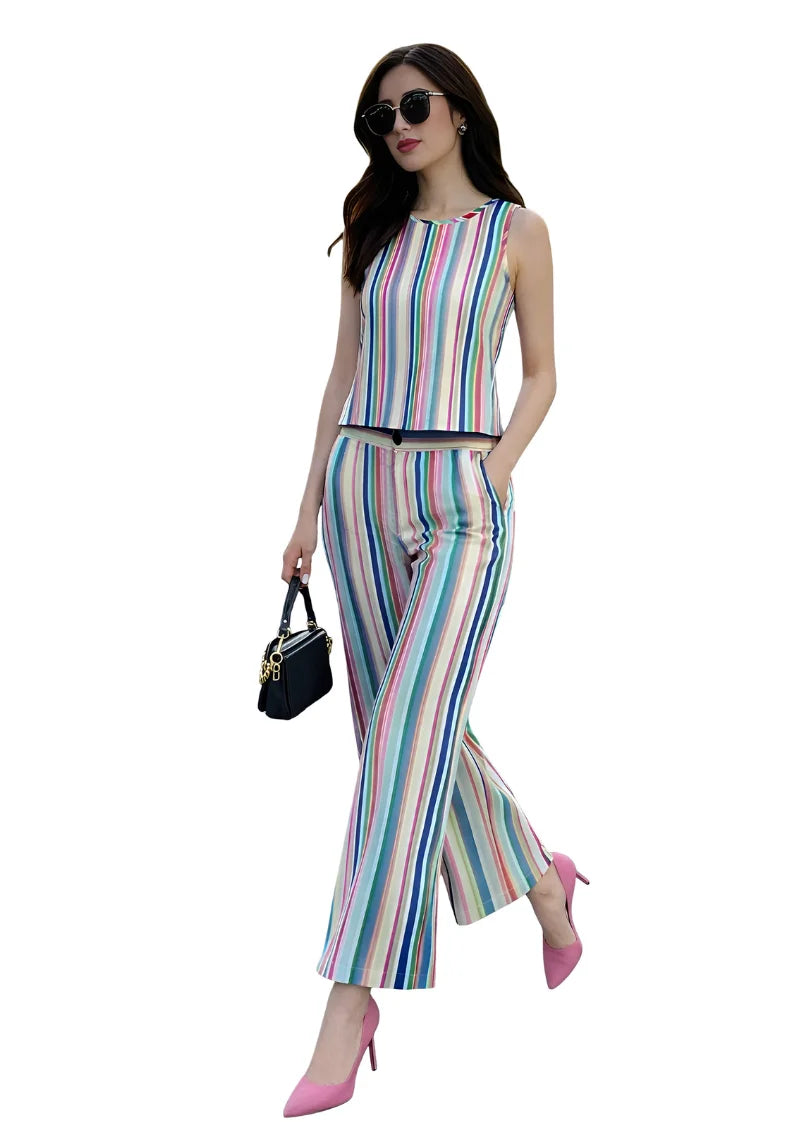 Pastel Stripe Rayon Poly Co-ord Set