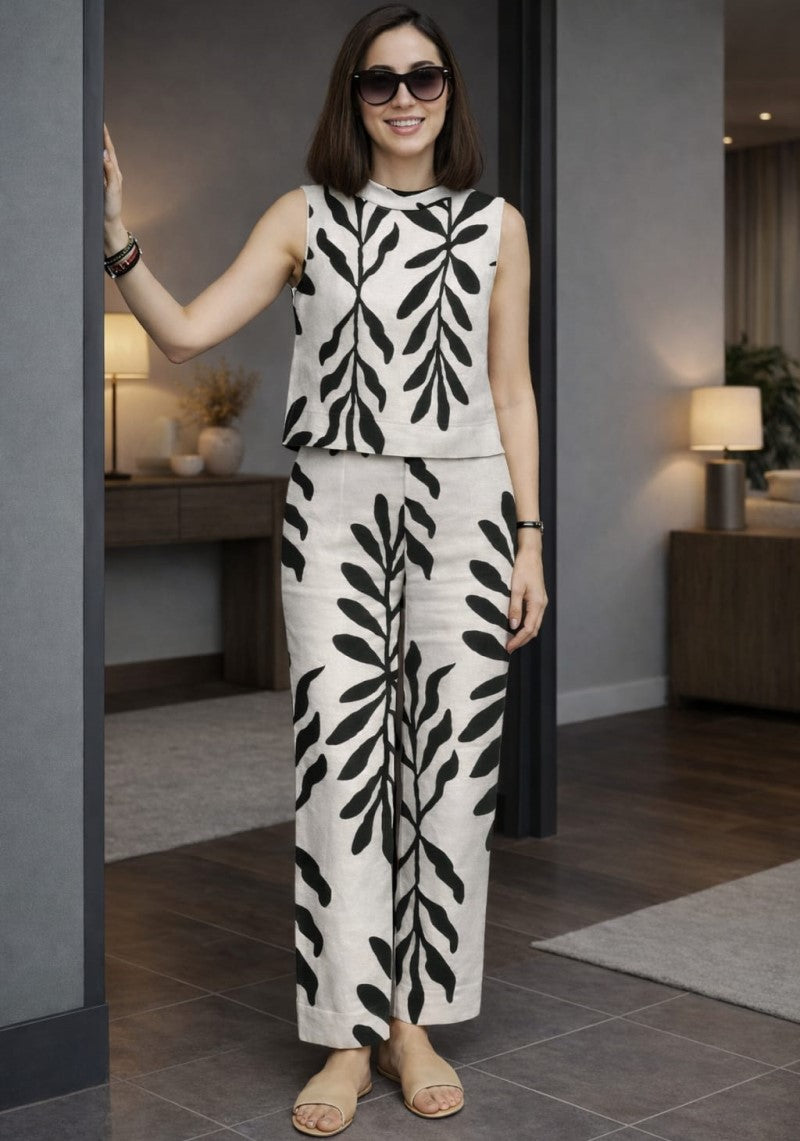 Ivory Noir Botanical Print Sleeveless Co-Ord Set