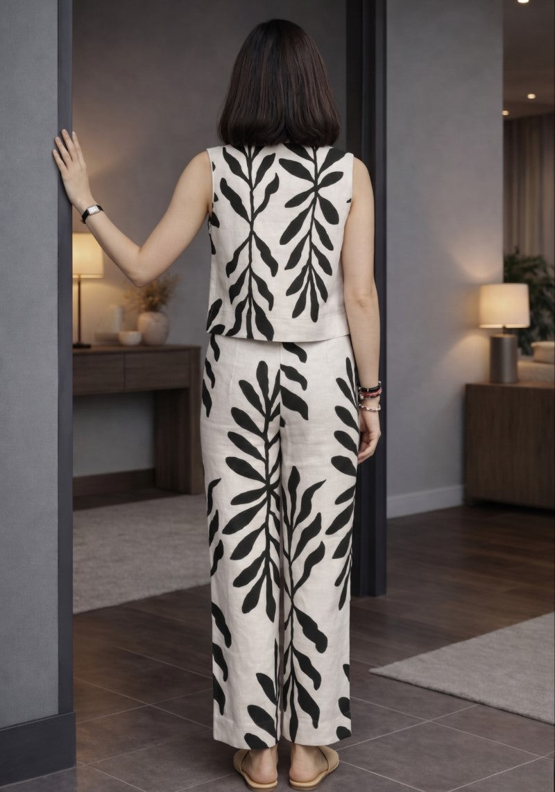 Ivory Noir Botanical Print Sleeveless Co-Ord Set