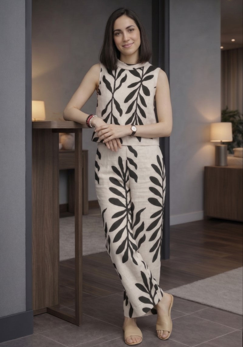 Ivory Noir Botanical Print Sleeveless Co-Ord Set