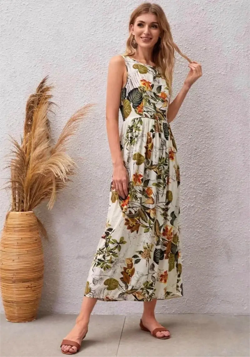 Right side view of model showcasing Tropical Bloom White Floral Sleeveless Midi Dress
