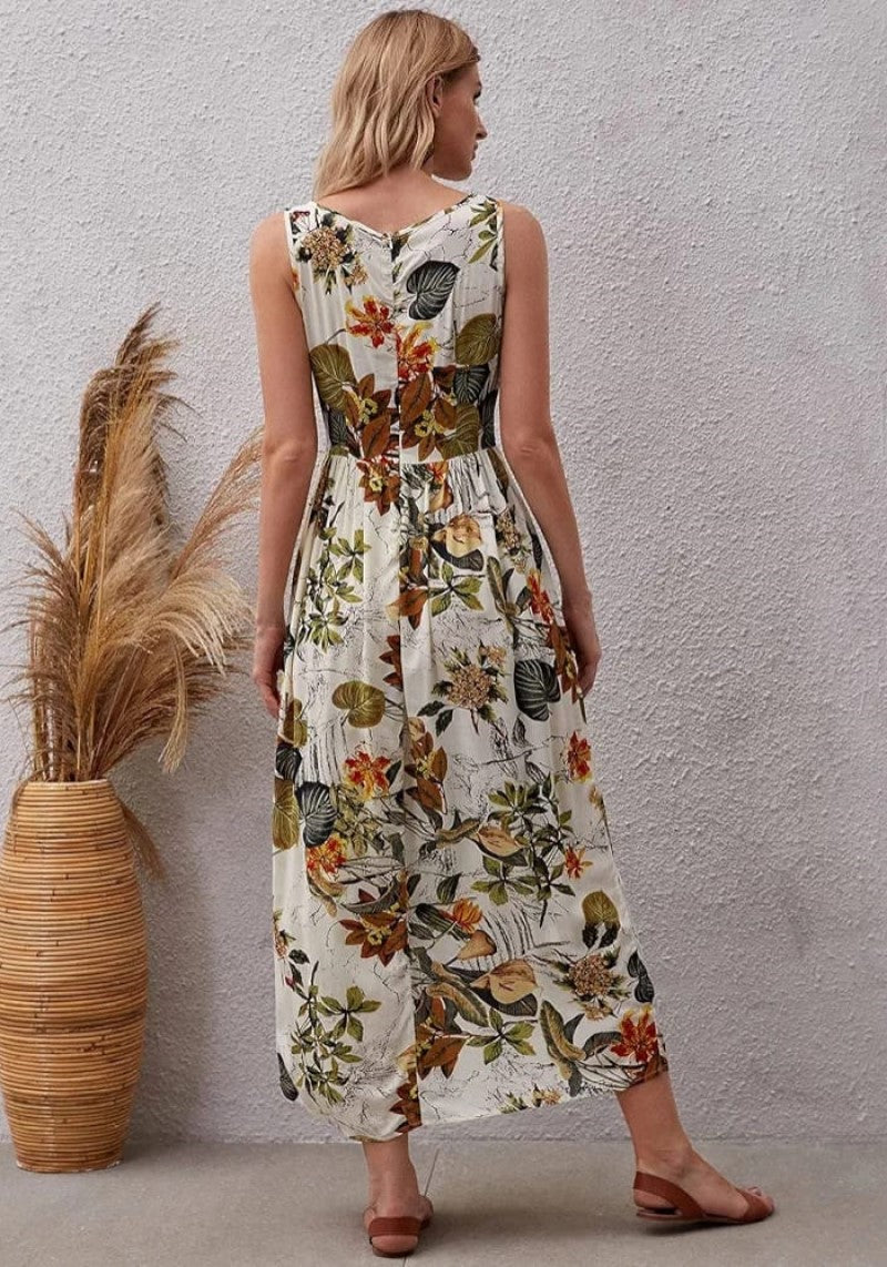 Back design of Tropical Bloom White Floral Sleeveless Midi Dress with A-line fit
