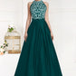 floor-length satin gown India,
Dhunki premium fashion gown, 
formal black dress with embroidery,
high neck sleeveless gown