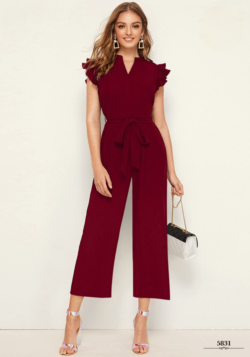 Stylish Maroon Pleated Cap Sleeve Solid Jumpsuit