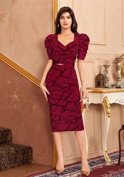 Maroon Geometric Print Puff Sleeves Top and Skirt Set