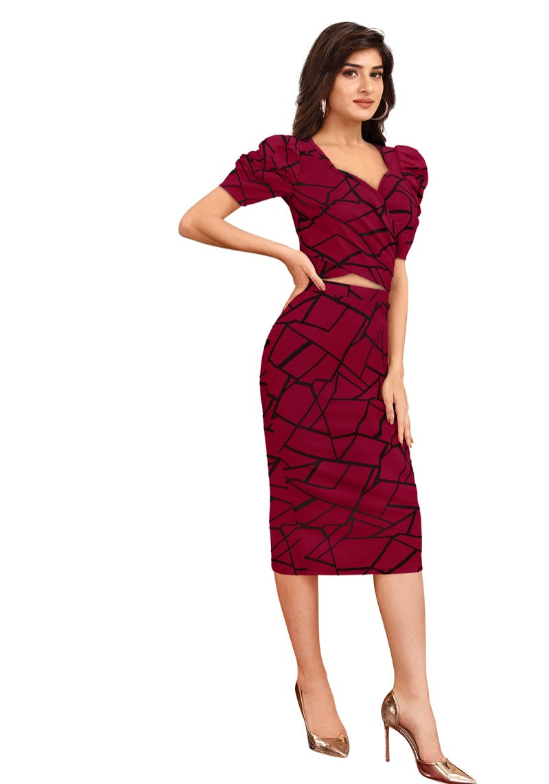 Maroon Geometric Print Puff Sleeves Top and Skirt Set