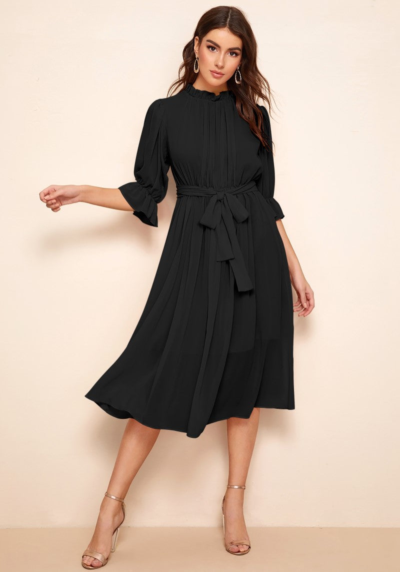 Chic Georgette Pleated Belted Dress with Designer Neckline