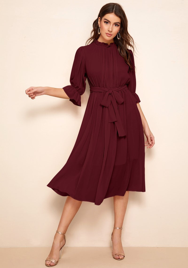 Chic Georgette Pleated Belted Dress with Designer Neckline