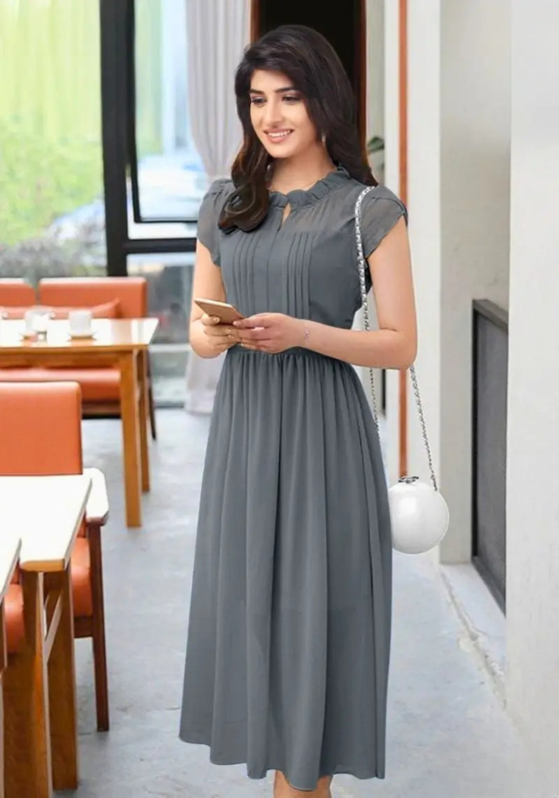 Women's Solid A Line Pleated Elegant Midi Dress