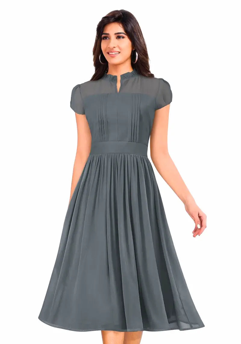 Women's Solid A Line Pleated Elegant Midi Dress