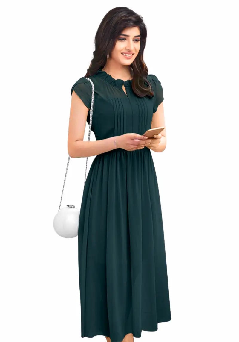 Women's Solid A Line Pleated Elegant Midi Dress