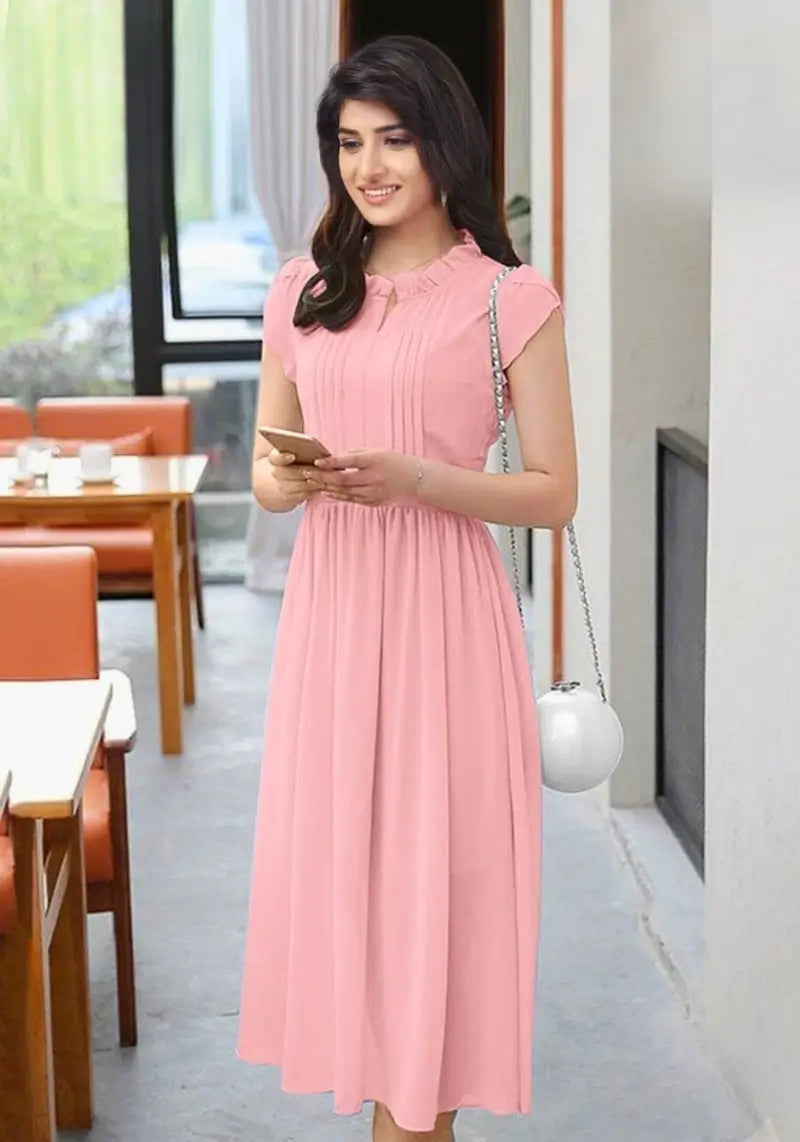 Women's Solid A Line Pleated Elegant Midi Dress